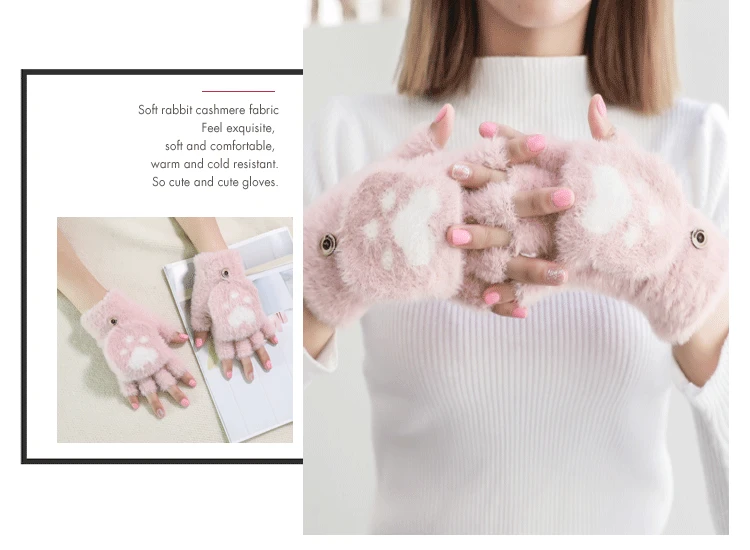 Новинка, 1 пара женских милых пушистых плюшевых мультяшных перчаток с кошачьей лапой, зимняя рукавица, теплые перчатки без пальцев Xew