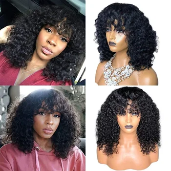 

Curly Short Bob Wigs 13x4 Lace Front Human Hair Wigs Brazilian Bob Wigs With Bangs Pre Plucked 150% Density Remy Bangs Wig