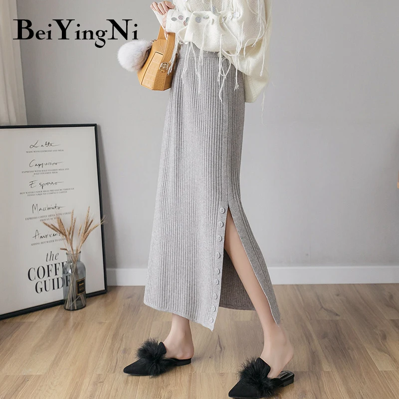 Beiyingni сексуальный свитер юбка Женская Сплит осень зима пакет бедра, высокая талия трикотажные юбки женские s твердые Kpop повседневные Saia Falda