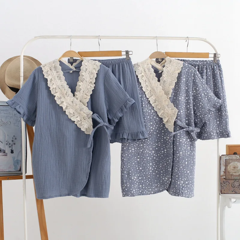

Short-sleeved Shorts Suit Pajamas Kimono Japanese Ladies Home Service Suit Cotton Sweat-absorbent Summer Thin Section Yukata