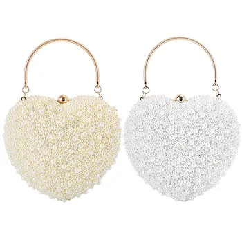 

2 Colors Silver Beaded Pearl Handbags Luxurious Bags Heart shaped Handbag Women Evening Bag Party Cute Heart Purse Day Clutch