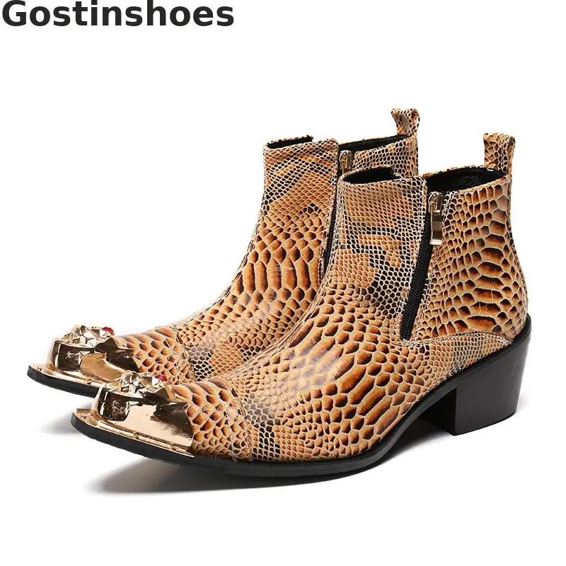 

Men Short Boots Genuine Leather Yellow Color Snake Skin Printed Fashion Men Ankle Boots Metal Capped Toe Side Zipper
