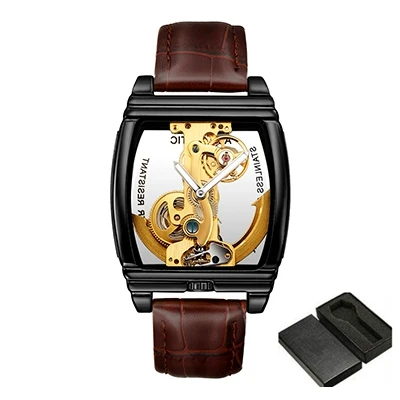 Модные мужские Shenhua автоматические механические часы в стиле стимпанк на кожаном ремешке, Водонепроницаемый часы Montre Homme - Цвет: brown gold black-box