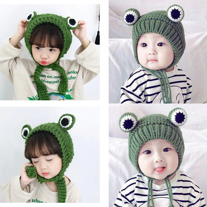 leather bomber cap Winter children's frog hat, handmade hat, knitted, crocheted, warm, childish, male and female, with ear cover, 1 to 3 years old carhartt bomber hat