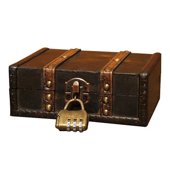 

European Vintage Metal Lock Decorative Trinket Jewelry Storage Box Handmade Classical Wooden Treasure Case Storage Box Organizer