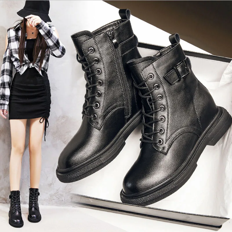 Women's increased Martin boots genuine leather autumn and winter women's boots casual flat bottomed boots plush short boots