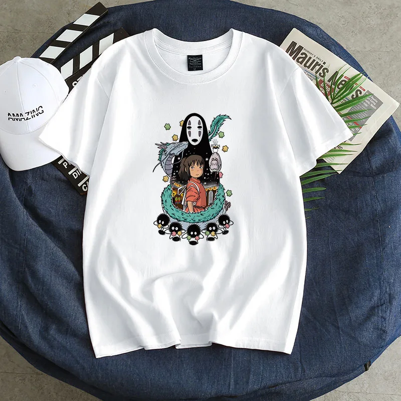 

Japanese Anime No Face Shirt Miyazaki Hayao Anime Spirit Away T Shirt Men Cartoon Summer High Quality Cotton Casual Tops