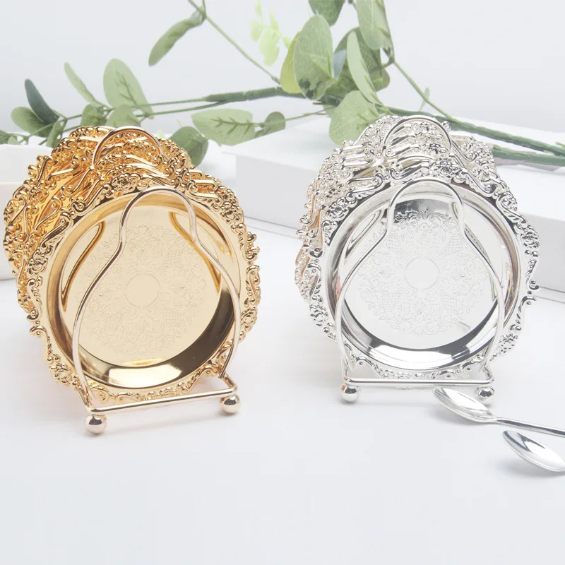 Beste 6 Stks set Hoge Kwaliteit Metalen Dienblad Party Fruit Lade Koffie Coaster Gouden Dienblad Decoratie Keuken Supply
