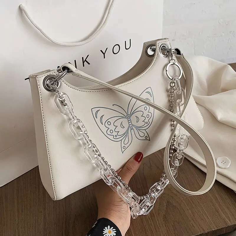 

Vintage Women Butterfly Baguette Handbags PU Leather Ladies Fashion Chain Armpit Purse Shoulder Bags Cool Girls Underarm Bag