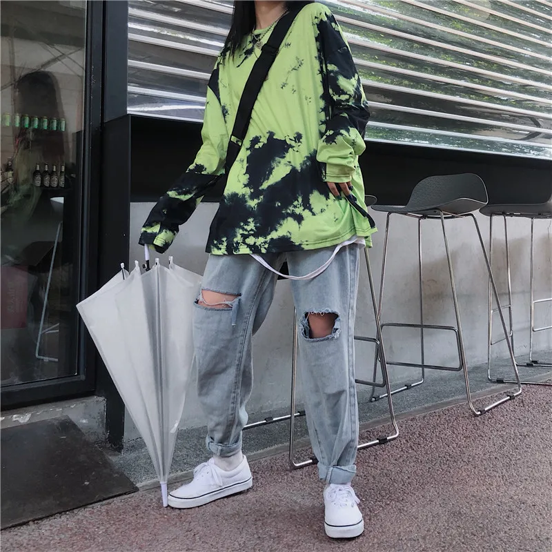 Lychee Harajuku, зеленый галстук, крашеный градиент, женские футболки, футболка с длинным рукавом, свободные женские футболки, круглый вырез, женские футболки