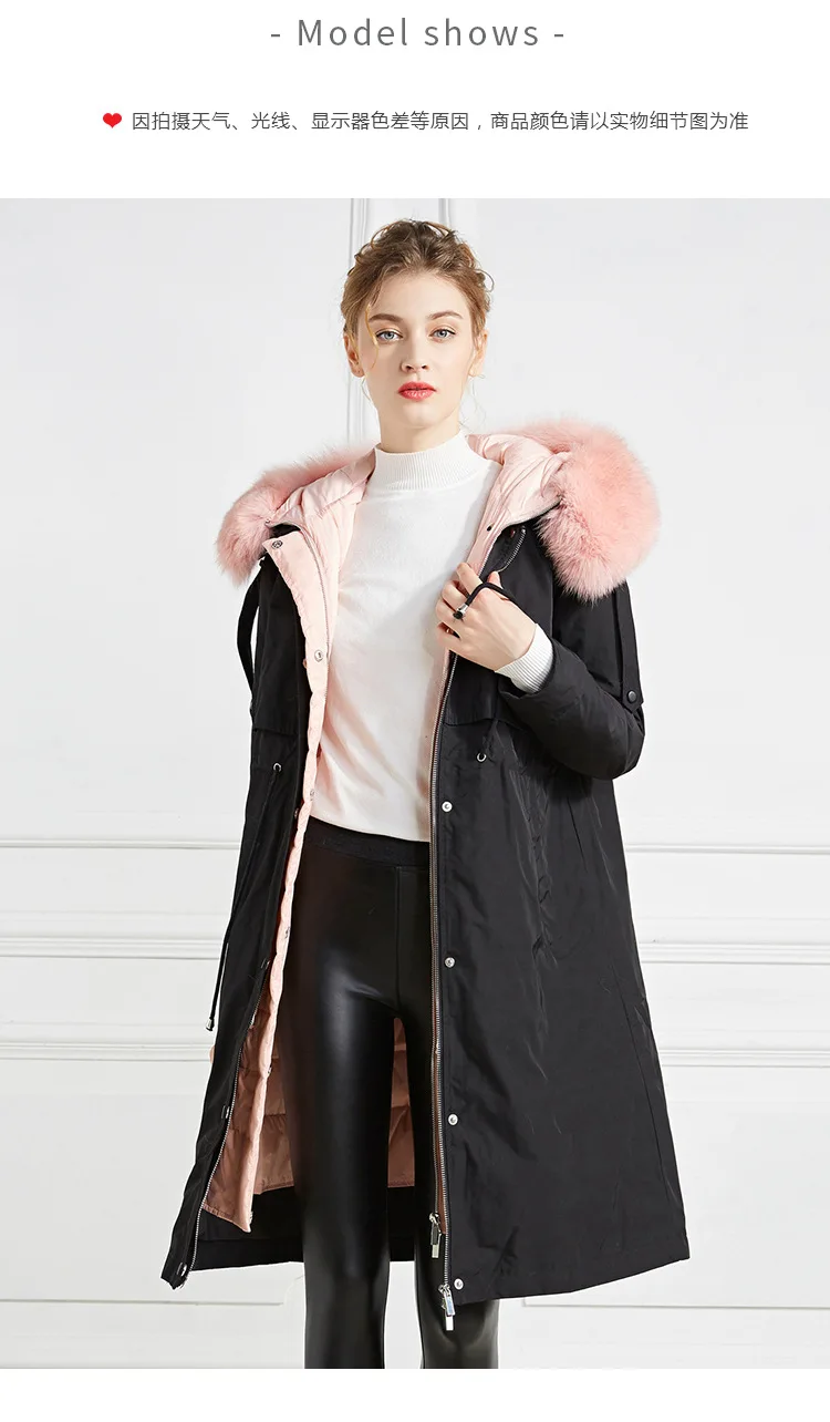 Thick Winter Office Lady Big wool collar two-piece dress White duck down Straight Pattern Collar Detachable Hooded down jacket
