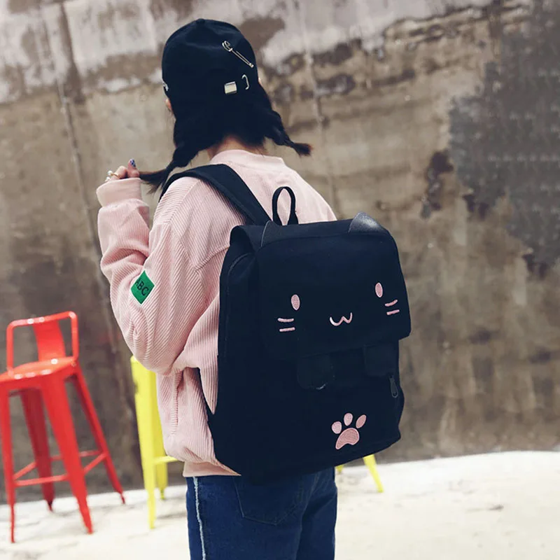 BEAU-fashion Cute Cat Embroidery Canvas Student bag Cartoons Women Backpack Leisure School bag