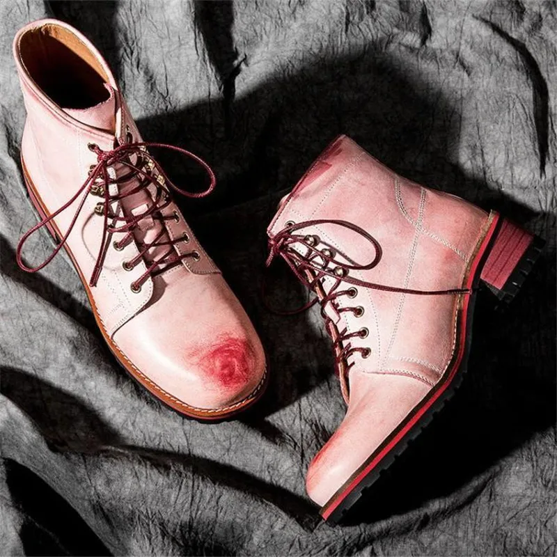 

New Women Genuine Leather Ankle Boots Vintage Cross Tied Punk Western Boots Woman Short Boots Bottine Peach Motorcycle Boots
