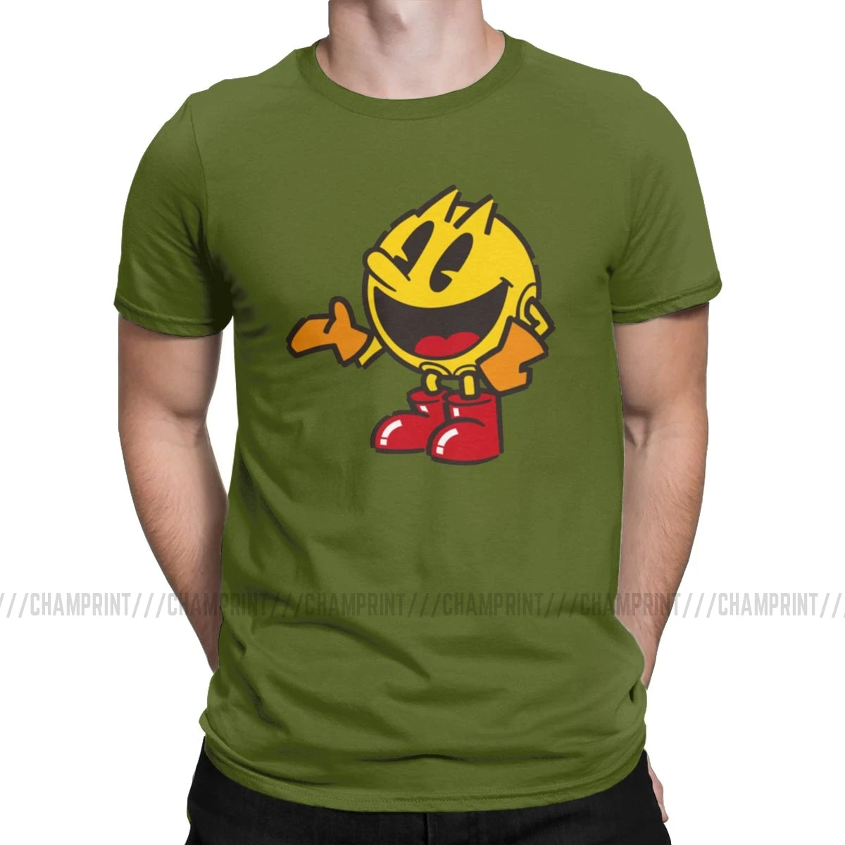 Pac Man Character футболки для мужчин Веселая футболка с вырезом лодочкой Pacman Pakkuman Ретро 80s аркадные футболки игры Топы с коротким рукавом с принтом - Цвет: Армейский зеленый