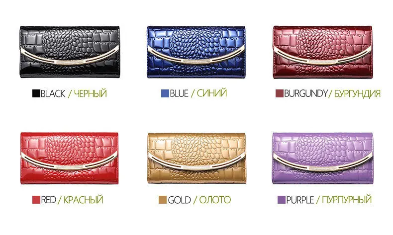 LUCDO Brand Designer Genuine Leather Women Long Wallet 3 Fold Large Capacity Patent Leather Wallet Luxury Coin Purse Card Holder