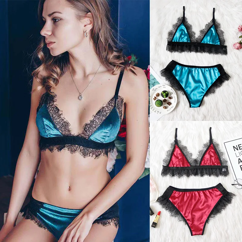 

Sexy Bra & Brief Sets Women V Neck Lace Satin Nightgown Babydoll red/blue Sexy Lingerie Set Backless Push Up Bras Underwear Set