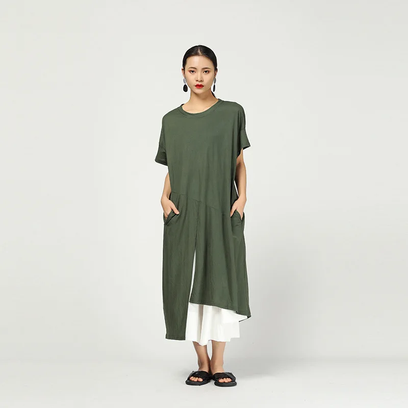 Модная льняная футболка с коротким рукавом и неровным Hemline, длинная футболка для женщин, новая летняя одежда, модные топы QF321