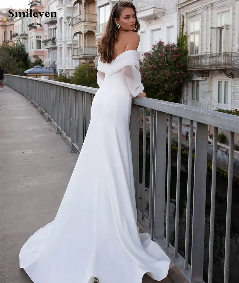 Satin Mermaid Wedding Dresses Long Fuff Sleeve Sexy Lace Beach Bride Dresses Off The Shoulder Boho Bridal Gowns