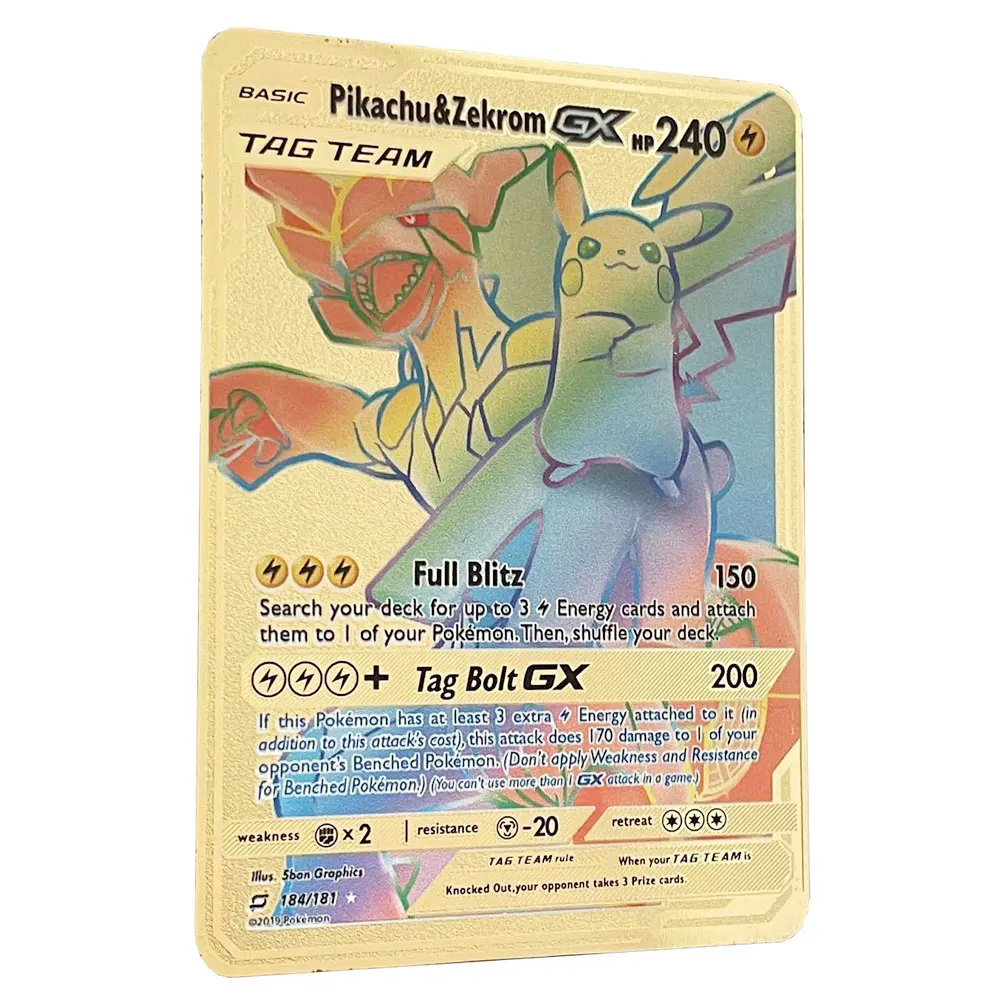 Rainbow Pikachu Zekrom Gx Tag Team Golden Pokemon Cards In English Iron  Metal Pokmo Letters Kids Gift Game Collection Cards - Game Collection Cards  - AliExpress