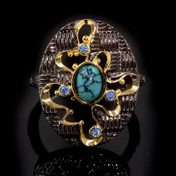 

Bohemia Retro Ethnic Turquoise Rings for Women Luxury Tungsten Black Gold Ring Temperament Wild Jewelry New