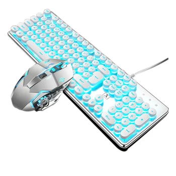 

Mechanical Gaming Keyboard and Mouse Combo, Retro Steampunk Vintage Keyboard,104-Key Wired USB Metal Panel Round Keycaps
