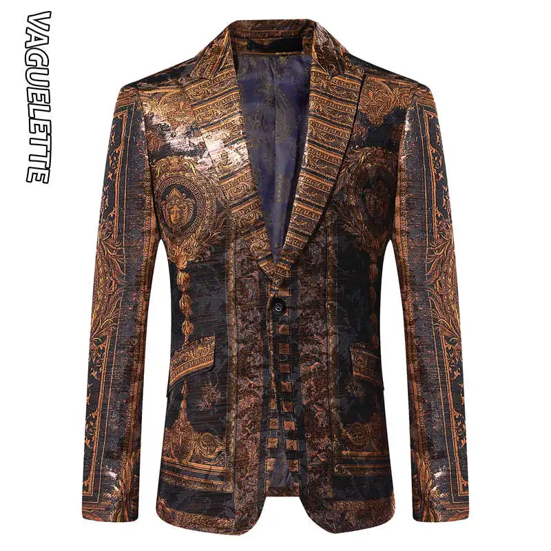 As Pic Vaguelette Golden Luxury Men's Blazers And Suit Jacket Slim Fit Medusa Pattern Luxury Brand Floral Print Stage Wear Mens Blazers - Color: As Pic