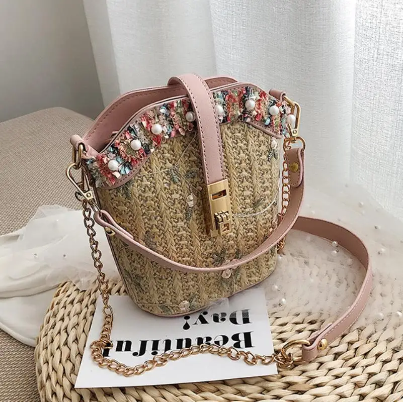 Pink Новая косметичка тканый ротанг Сумка Соломенная Сумка через плечо Маленькие пляжные сумки женские Полые сумки ручной работы сумки через плечо - Цвет: Pink