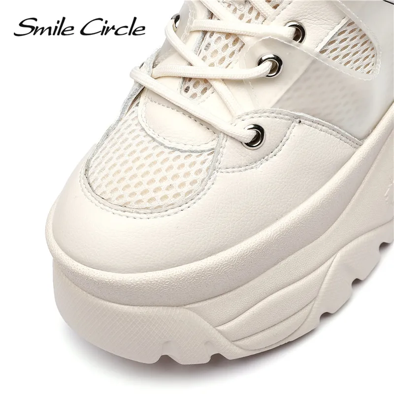 Smile Circle Genuine Leather Sneakers Women Flat Platform Shoes Autumn Breathable mesh women Thick bottom shoes