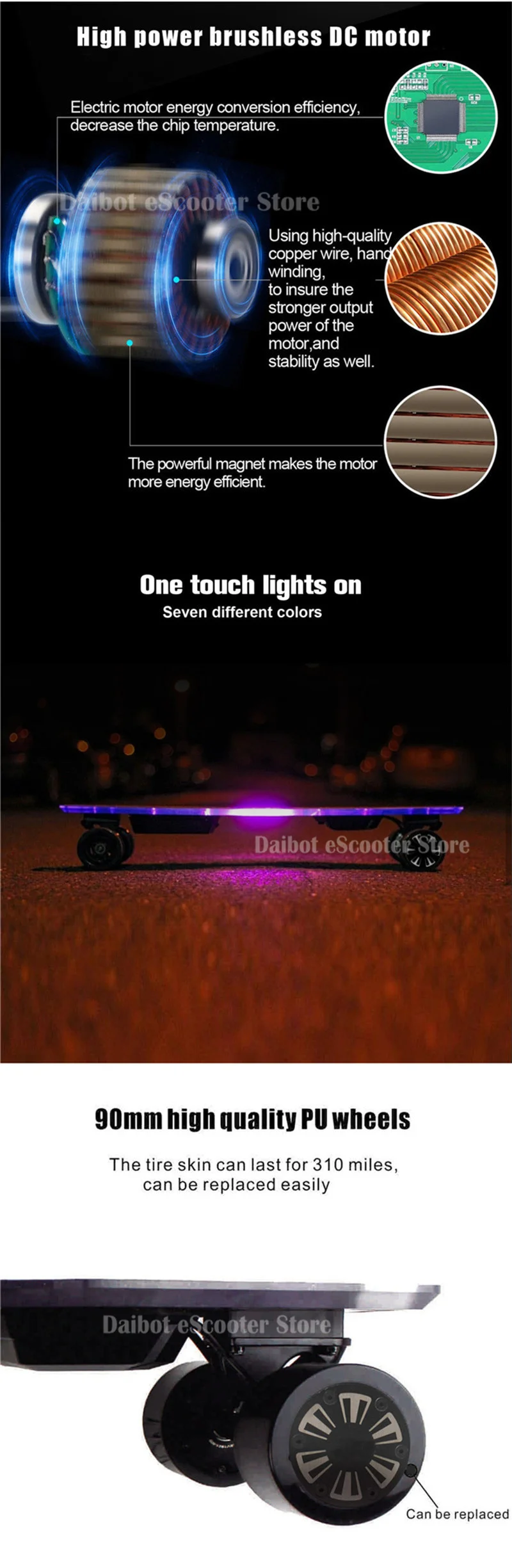 Daibot Electric Longboard Skateboard 4 Wheel Electric Scooters 300W2 36V Adult Powerful Electric Scooter With Colorful Lights  (5)