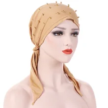 Women Fashion Pure Color Headwear Beaded Stretch Muslim Turban Headscarf Women Head Wrap Hair Loss Scarf Cover hats