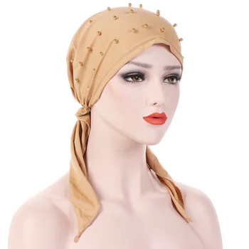 

Women Fashion Pure Color Headwear Beaded Stretch Muslim Turban Headscarf Women Head Wrap Hair Loss Scarf Cover hats