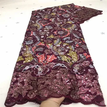 

2021 red Embroidered African Sequins Lace Fabric French Nigerian Tulle Mesh Lace Fabric with Sequins Bridal Net Lace Fabrics