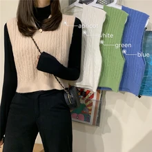 Корейские топы без рукавов с v-образным вырезом, однотонный тонкий базовый пуловер, вязаный жилет