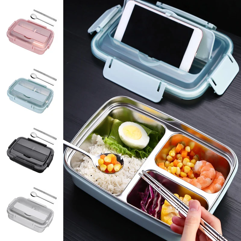 Нержавеющая сталь Ланч-бокс Bento еда Пикник Открытый контейнер для хранения ж/Ложка