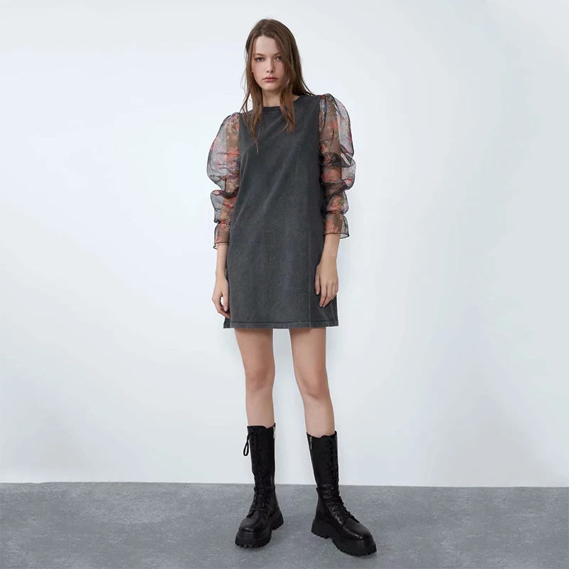 

ZA New Dress for Women Round Collar Transparent Print Mesh Puff Sleeve Long Sleeve Fashion Straight Knee Dress for Girls Party
