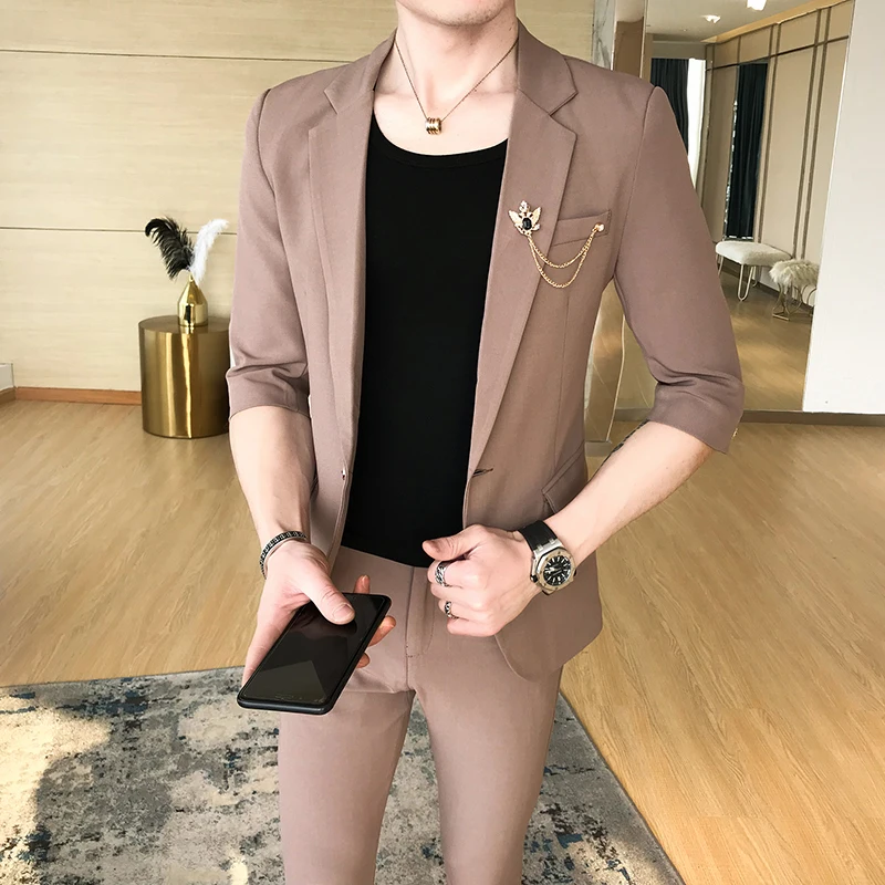 

(jacket + Pants) Korean Fashion Trend Slim Wild Groom Married Men's Business Casual Summer Seven Sleeve Suit