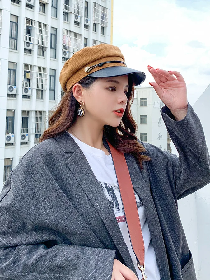 Fashion black hat ladies casual streetwear rope flat top hat elegant solid autumn and winter warm beret ladies