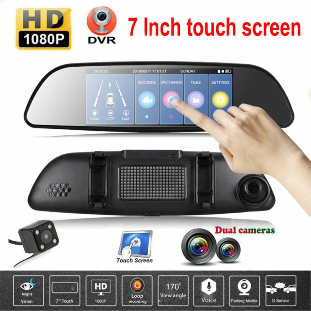 

7 Inch Car DVR Dual Lens Dash Cam Dashboard Camera Rear Mirror Recorder HD 1080P Parking Reverse Backup