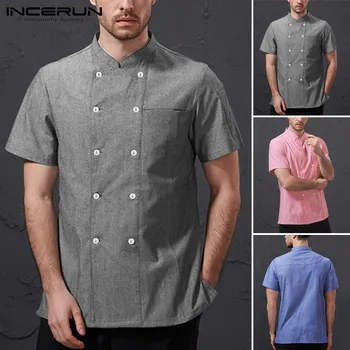 

INCERUN Men Chef Uniform Solid Short Sleeve Kitchen Restaurant 2020 Shirt Double Breasted Food Service Unisex Chef Jackets S-5XL