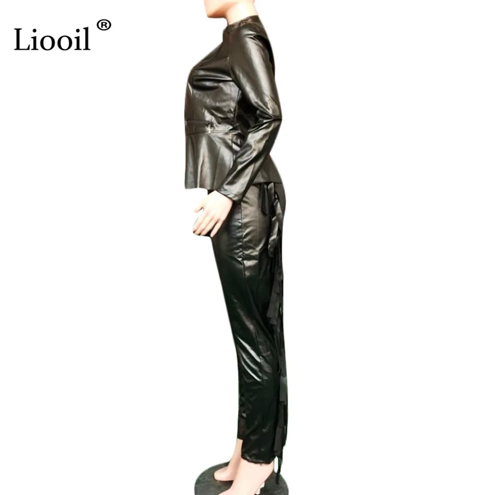 Liooil, искусственная кожа, комплект из двух предметов, вечерние, для клуба, наряд для женщин,, осень, зима, длинный рукав, черная сексуальная кофта, с кисточками, брюки-карандаш