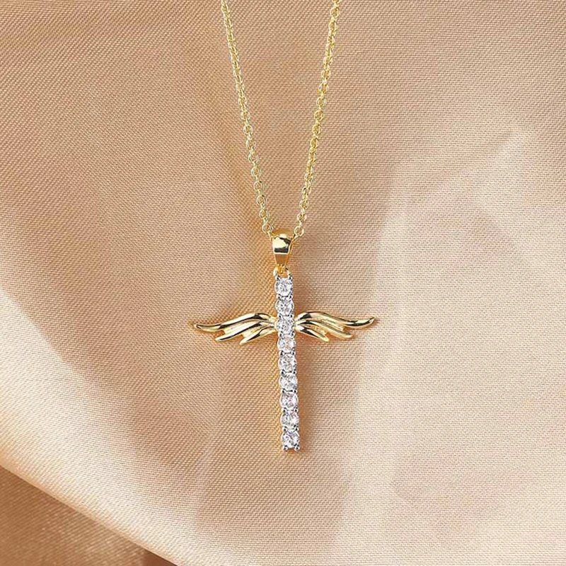 JUWANG Hot Sale Angle Wing Cross Christian Prayer Necklace Unisex Copper Plated Gold Zircon Collares Choker Accessories - Image 4