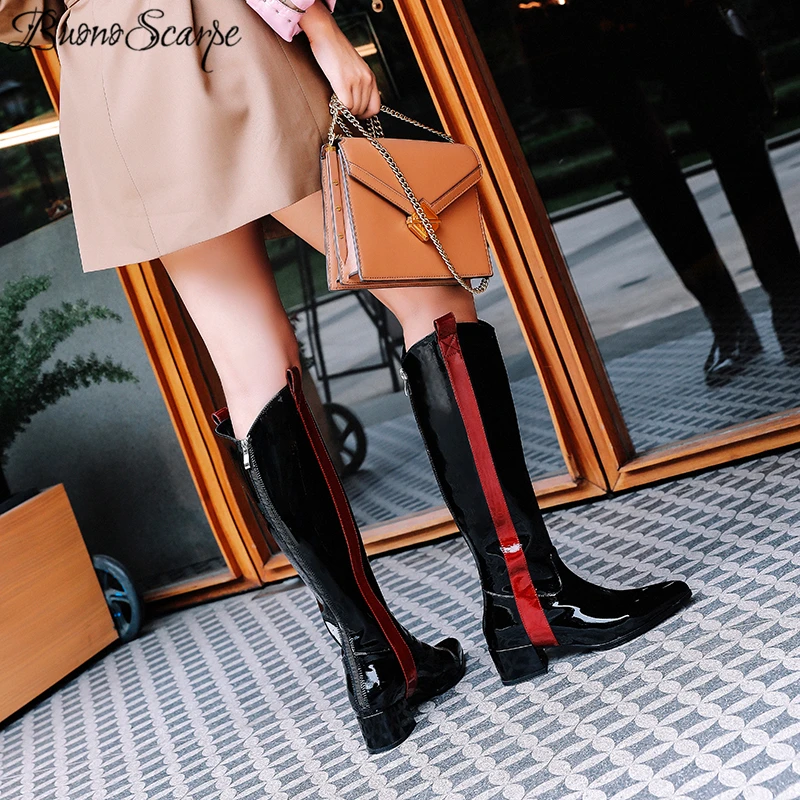 Buono Scarpe/женские высокие сапоги из лакированной кожи; брендовая Дизайнерская обувь на массивном каблуке; Разноцветные сапоги с острым носком; женская обувь; Большой размер 42