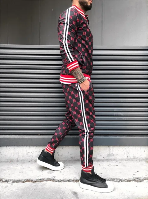 Mens Tracksuits Fashion Plaid Print Jacket Jeans 2pic Suits Cool