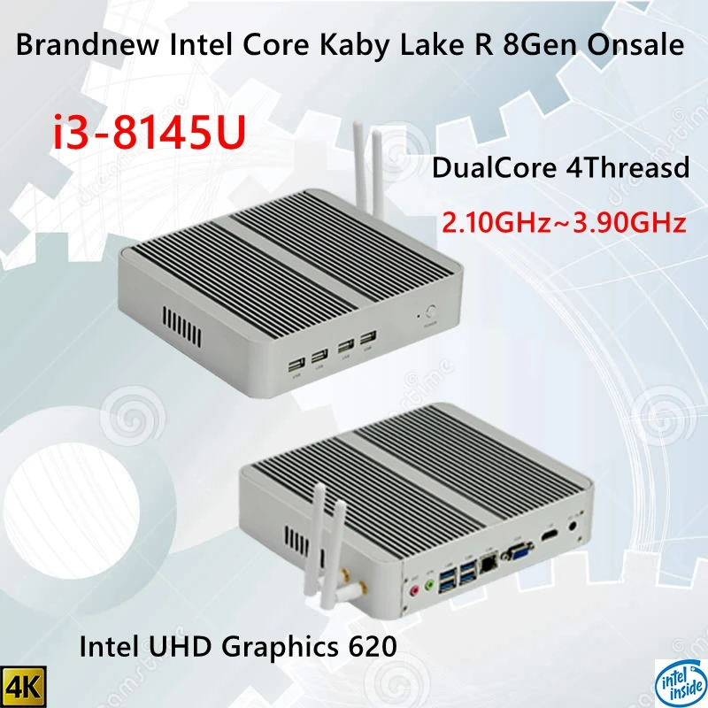 Kaby Lake R 8Gen безвентиляторный мини ПК i3 8145U Intel UHD 620 win10 двухъядерный 4 потока DDR4 2400 2666
