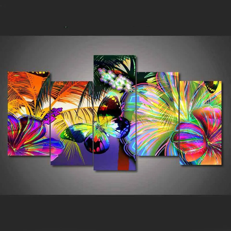 

HD Printed Modern 5 Panel/Set Abstract Floral Butterfly Painting On Canvas Room Wall Decoration Poster Picture Modular Artwork