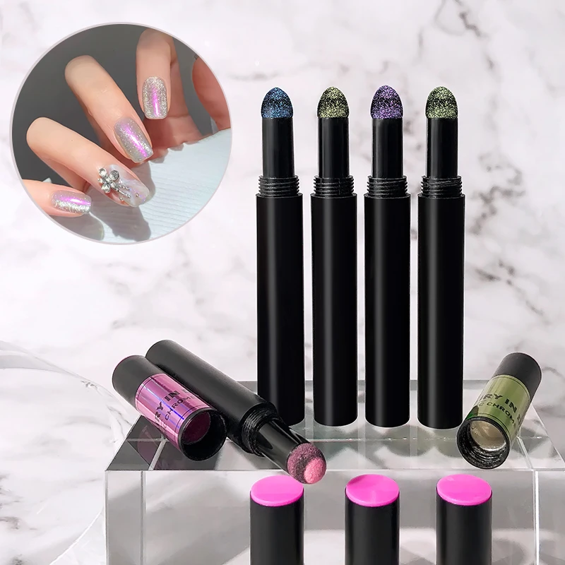 Professional Aurora Magic Chrome Pigment Pen Glitter Muticolor Mirror Nail Powder Cushion Pen Nail Art Accessories Private Label