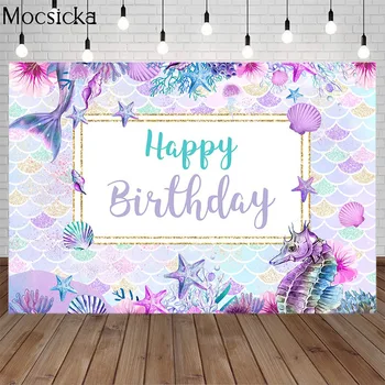 

Mocsicka Mermaid Tail Happy Birthday Backdrop Marine Life Shell Starfish Bokeh Background Custom Name Party Decoration Props