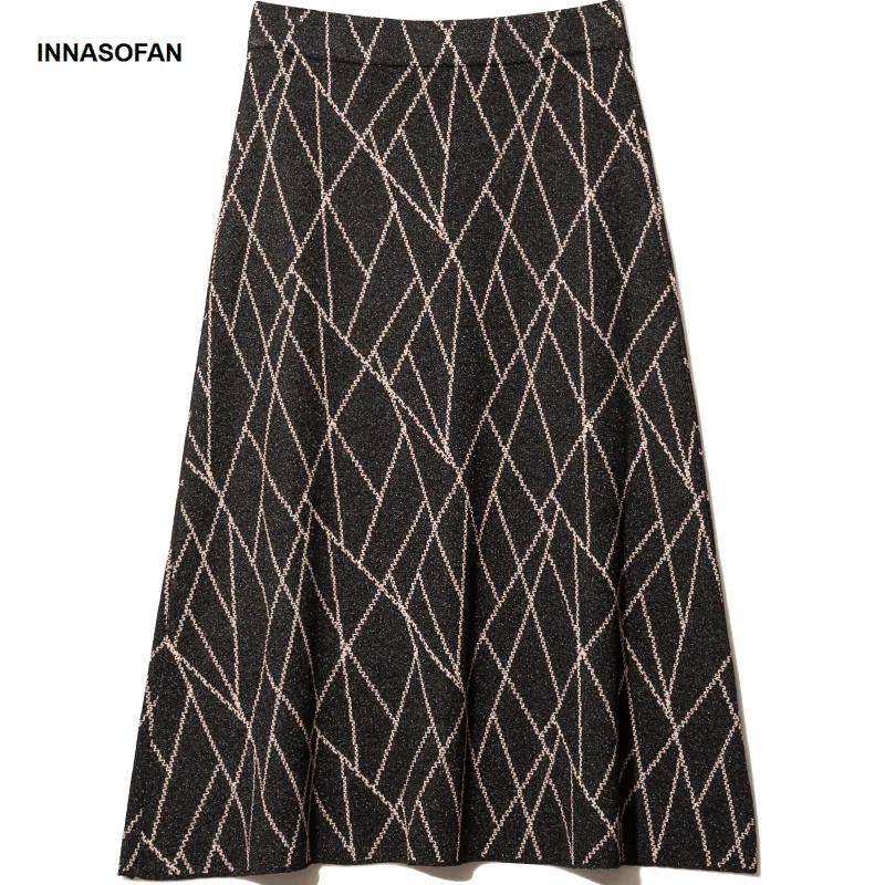 

INNASOFAN Knitted Skirt Women Autumn Winter High Waist Skirt Fashion High-end Chic Elegant Striped Skirt