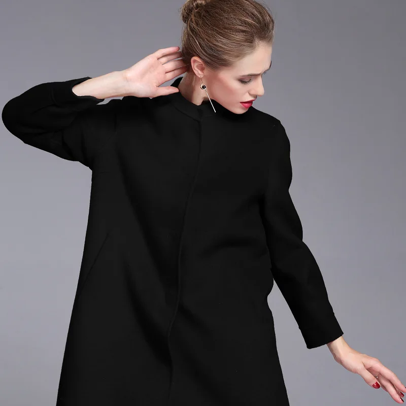 Elifashion популярное осенне-зимнее двухстороннее кашемировое пальто большого размера, Женское шерстяное пальто средней длины с капюшоном - Цвет: BLACK