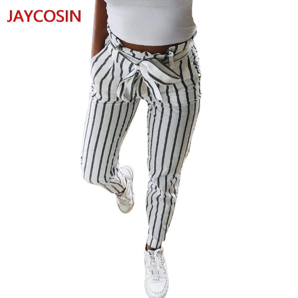 JAYCOSIN Femme брюки обтягивающие Женские полосатые длинные джинсы галстук с высокой талией женские брюки в Корейском стиле брюки L4008012